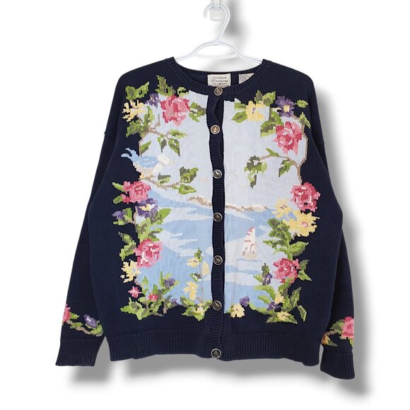 vintage Sweaters - Vintage 90s Flower Knit Cardigan Sweater Blue Size XL